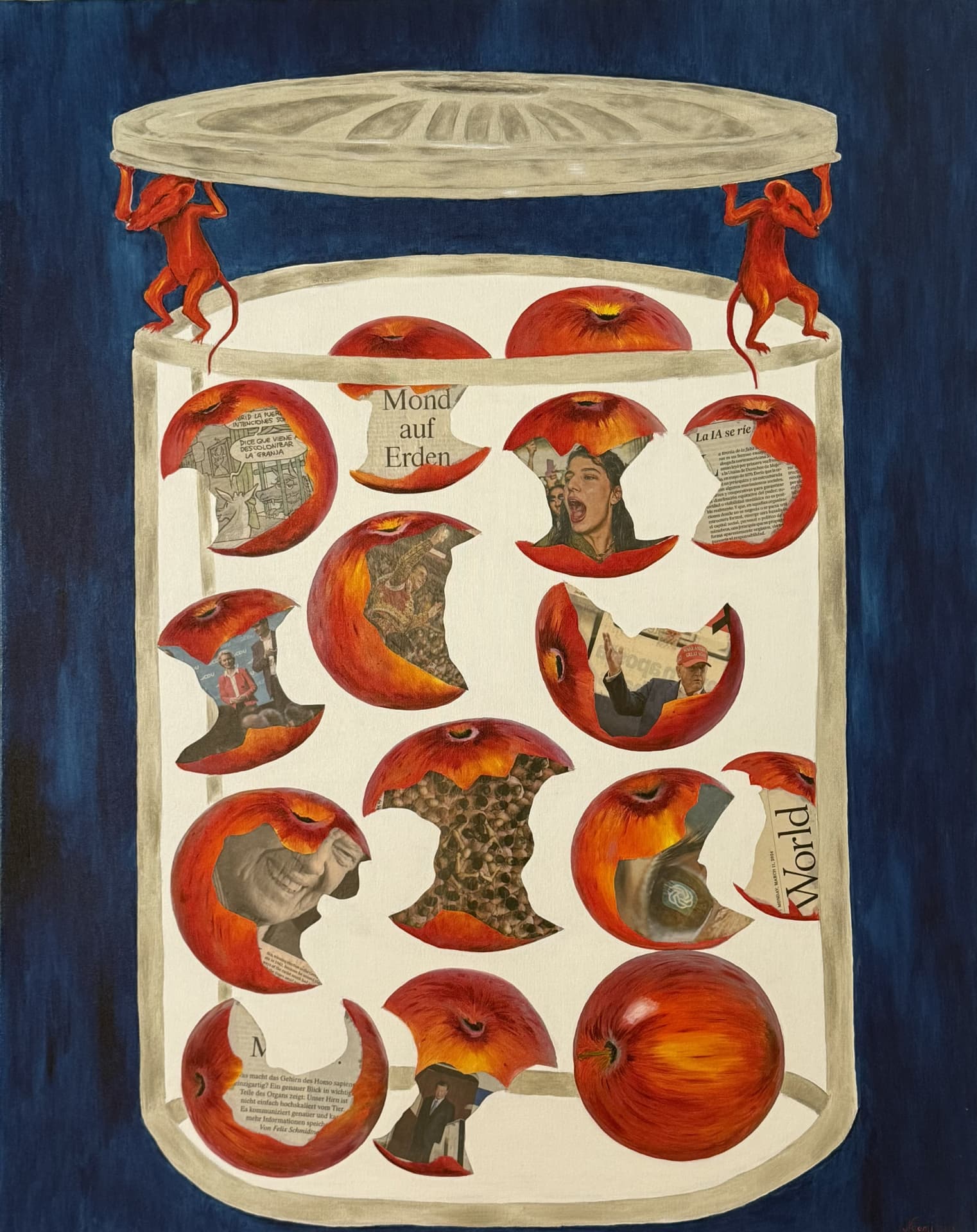 Atlases and the Canned Era, 2025, Oil and newsprint collage on canvas, by Naomi Lautier