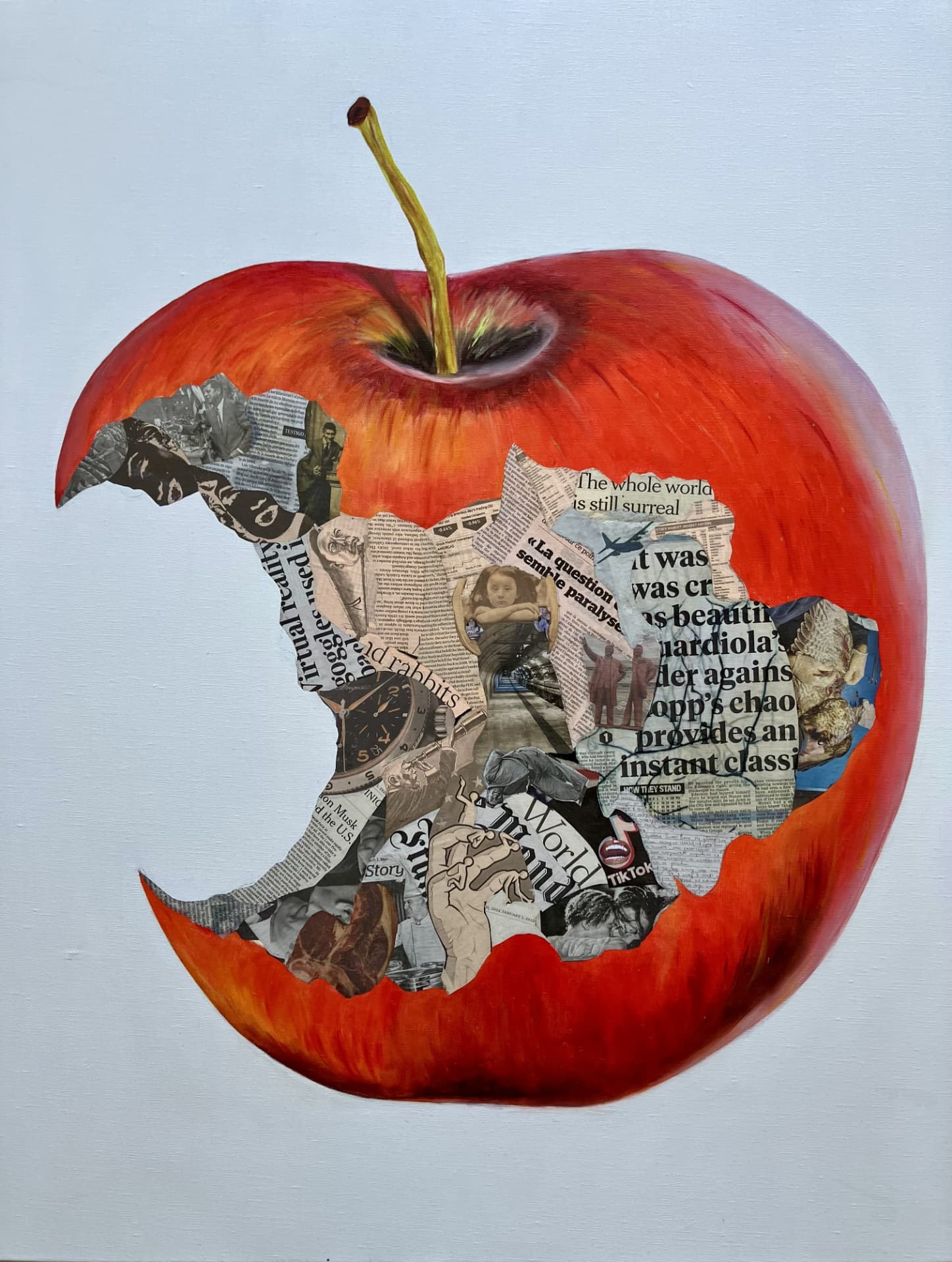 Bite of Reality, 2025, Oil and newsprint collage on canvas, by Naomi Lautier